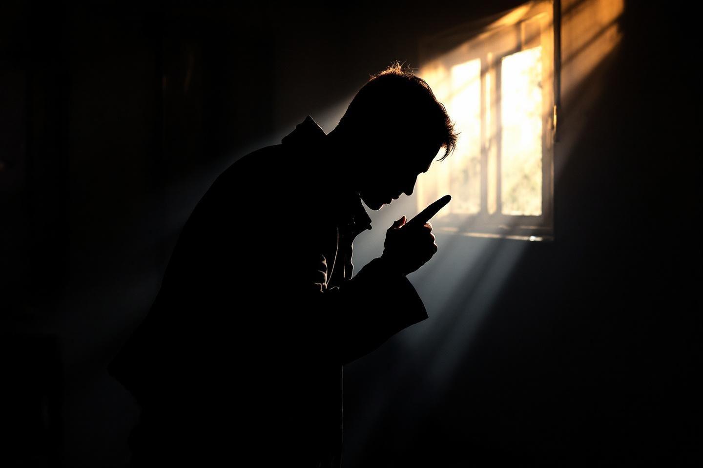 Silhouette sombre pr&egrave;s d'une fen&ecirc;tre lumineuse