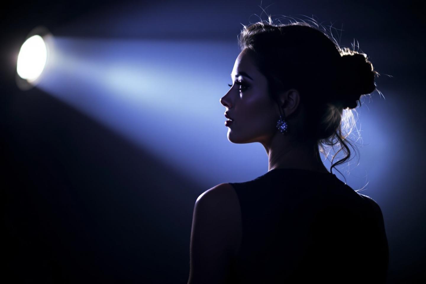 Silhouette féminine de profil, éclairée par un projecteur bleu