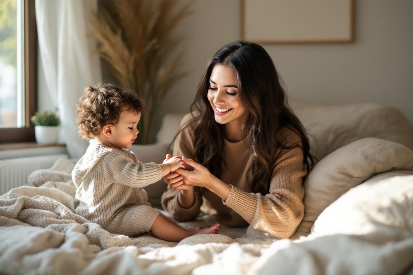 Femme souriante tenant la main d'un jeune enfant sur un lit