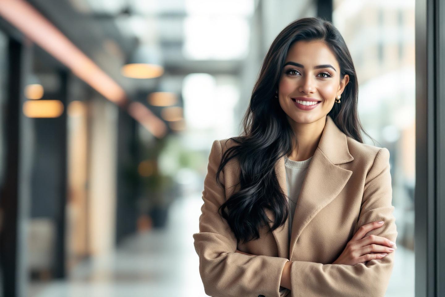 Femme &eacute;l&eacute;gante en tenue beige dans un environnement de bureau lumineux