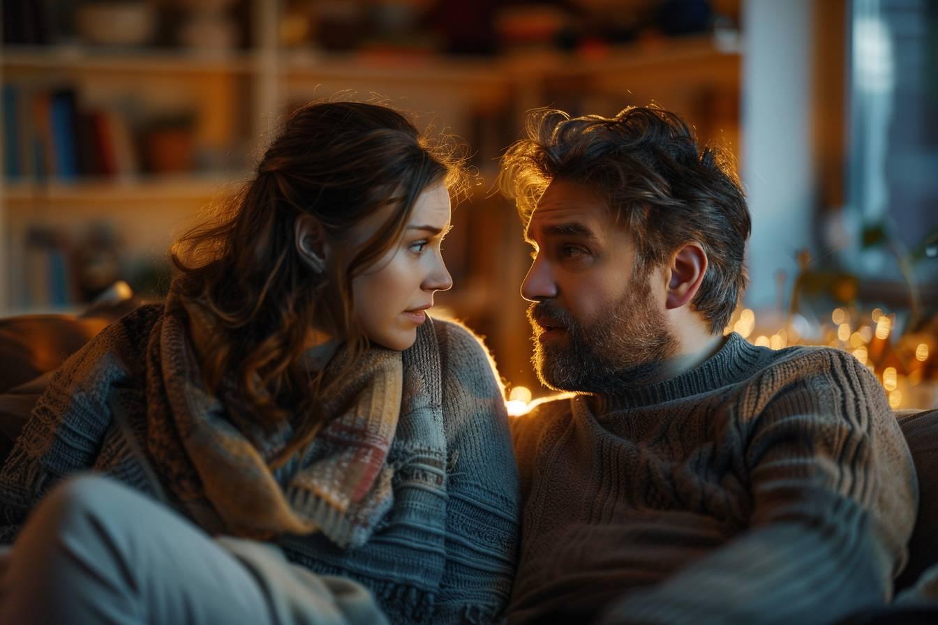 Couple en tenue d'hiver, regardant tendrement l'un l'autre