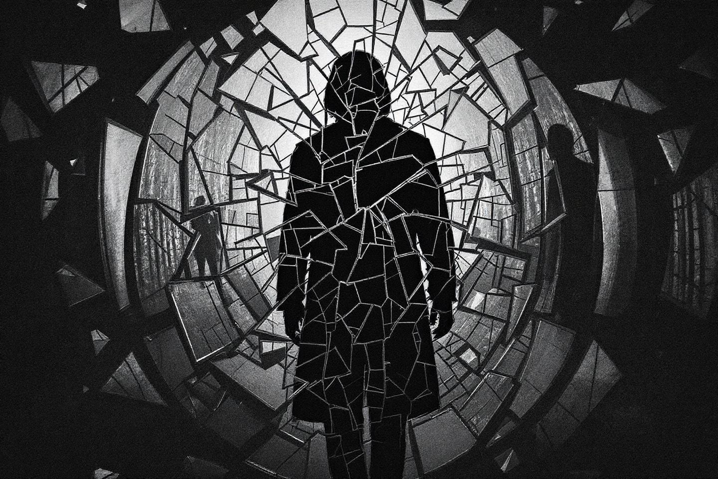Silhouette noire bris&eacute;e &agrave; travers des fragments de verre