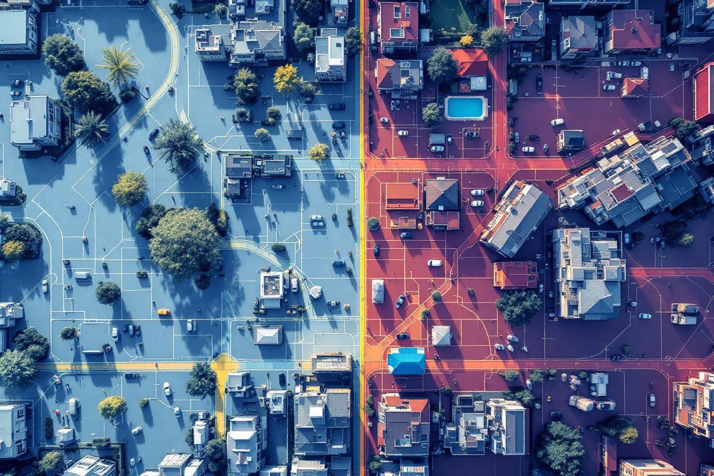 Quartier r&eacute;sidentiel vu du ciel, divis&eacute; en deux couleurs