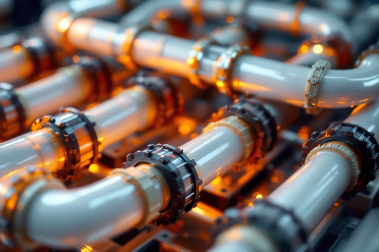 Gros plan sur des tubes industriels avec raccords en m&eacute;tal