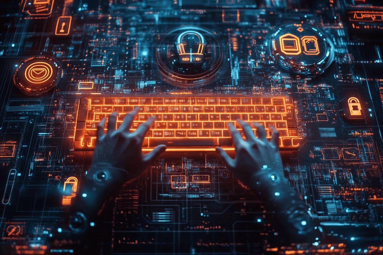 Mains sur un clavier virtuel, interface technologique futuriste