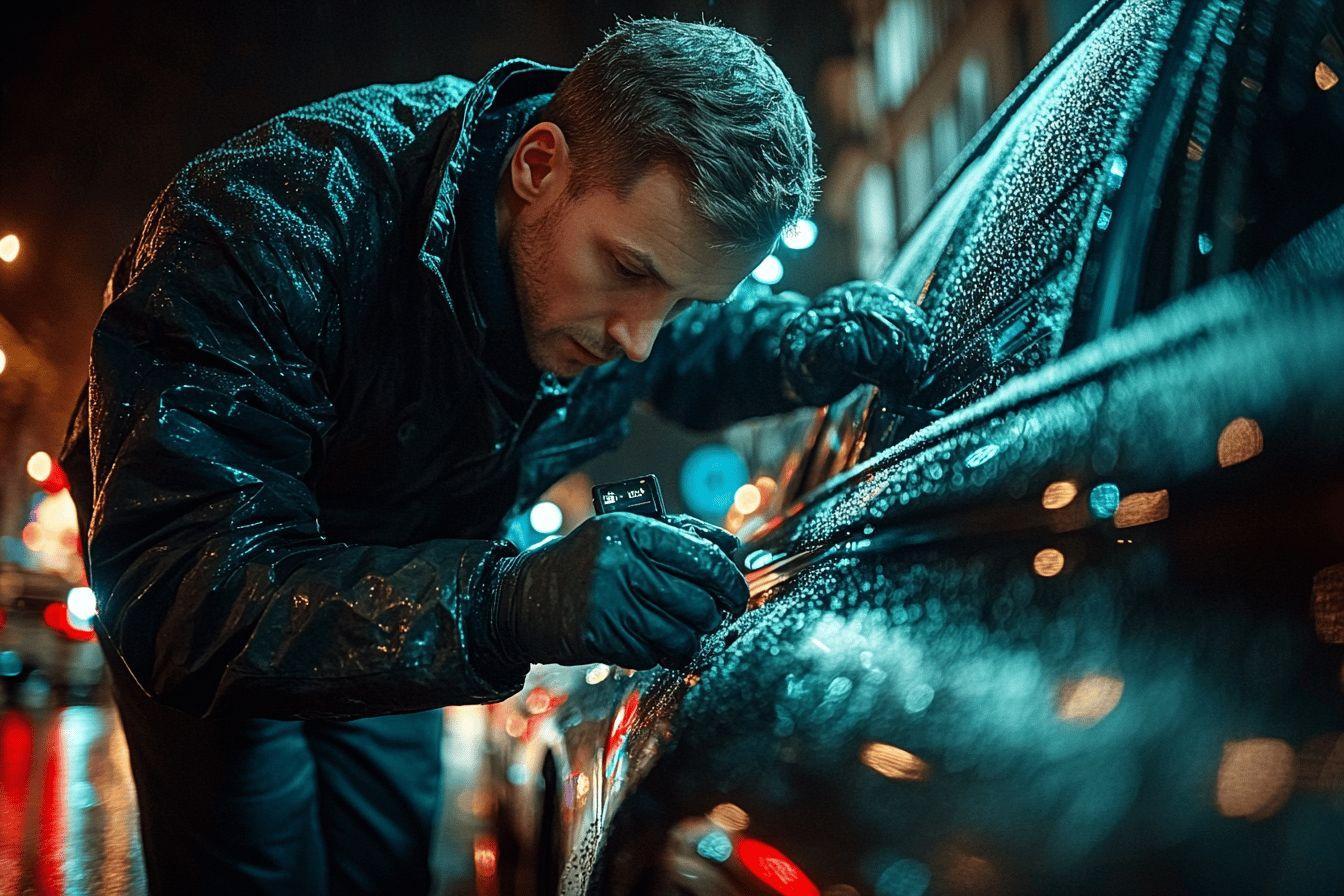 Homme en veste sombre r&eacute;parant une voiture sous la pluie