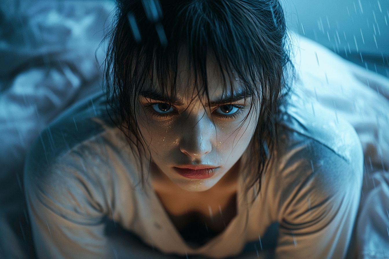 Visage m&eacute;lancolique d'une personne mouill&eacute;e, regard intense