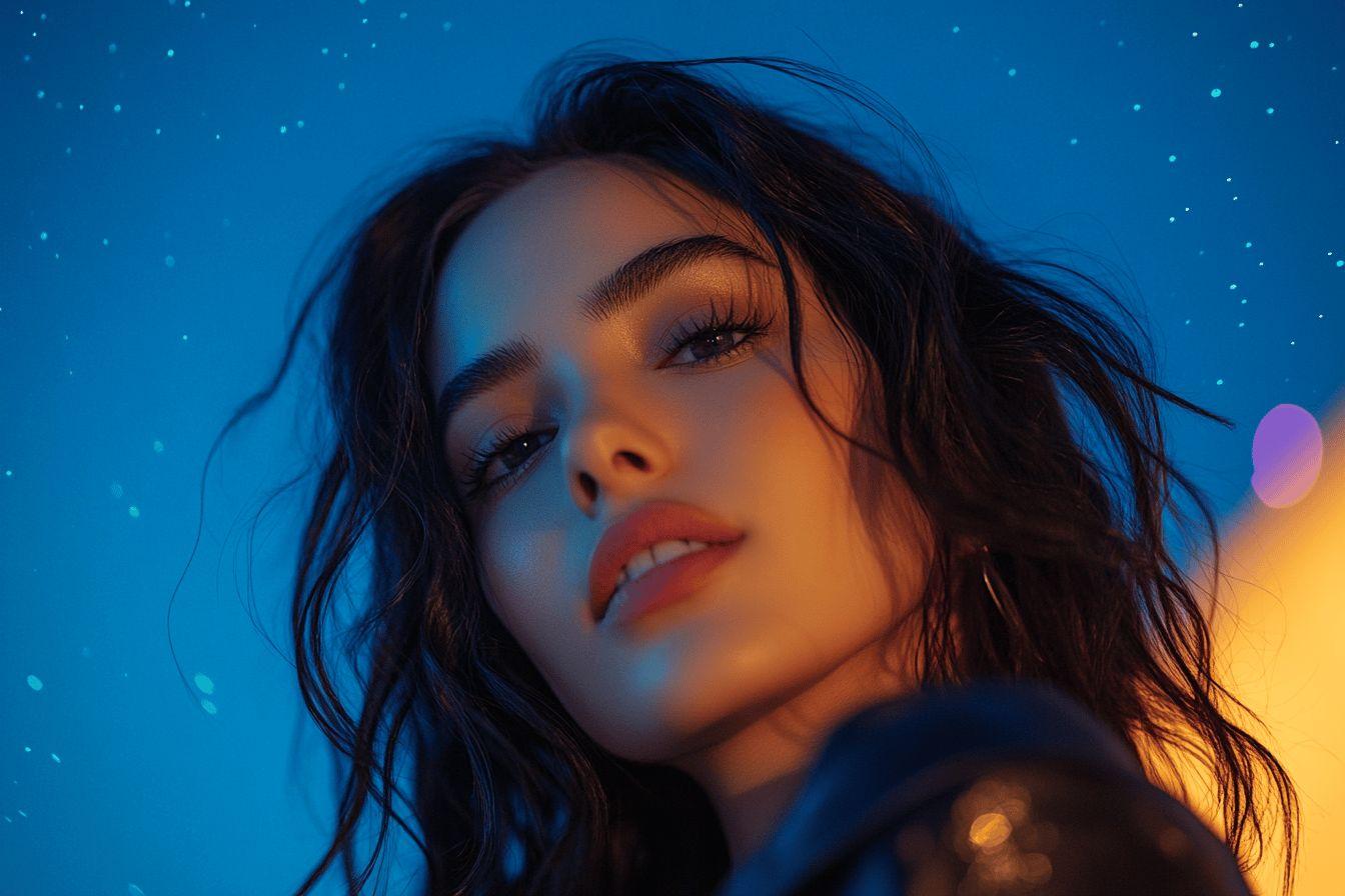 Portrait d'une femme dans une atmosph&egrave;re &eacute;toil&eacute;e bleue et orange
