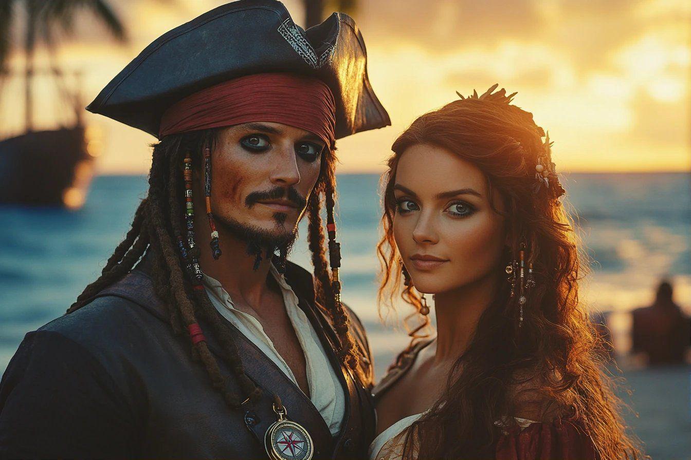 Couple de pirates sur une plage au coucher du soleil