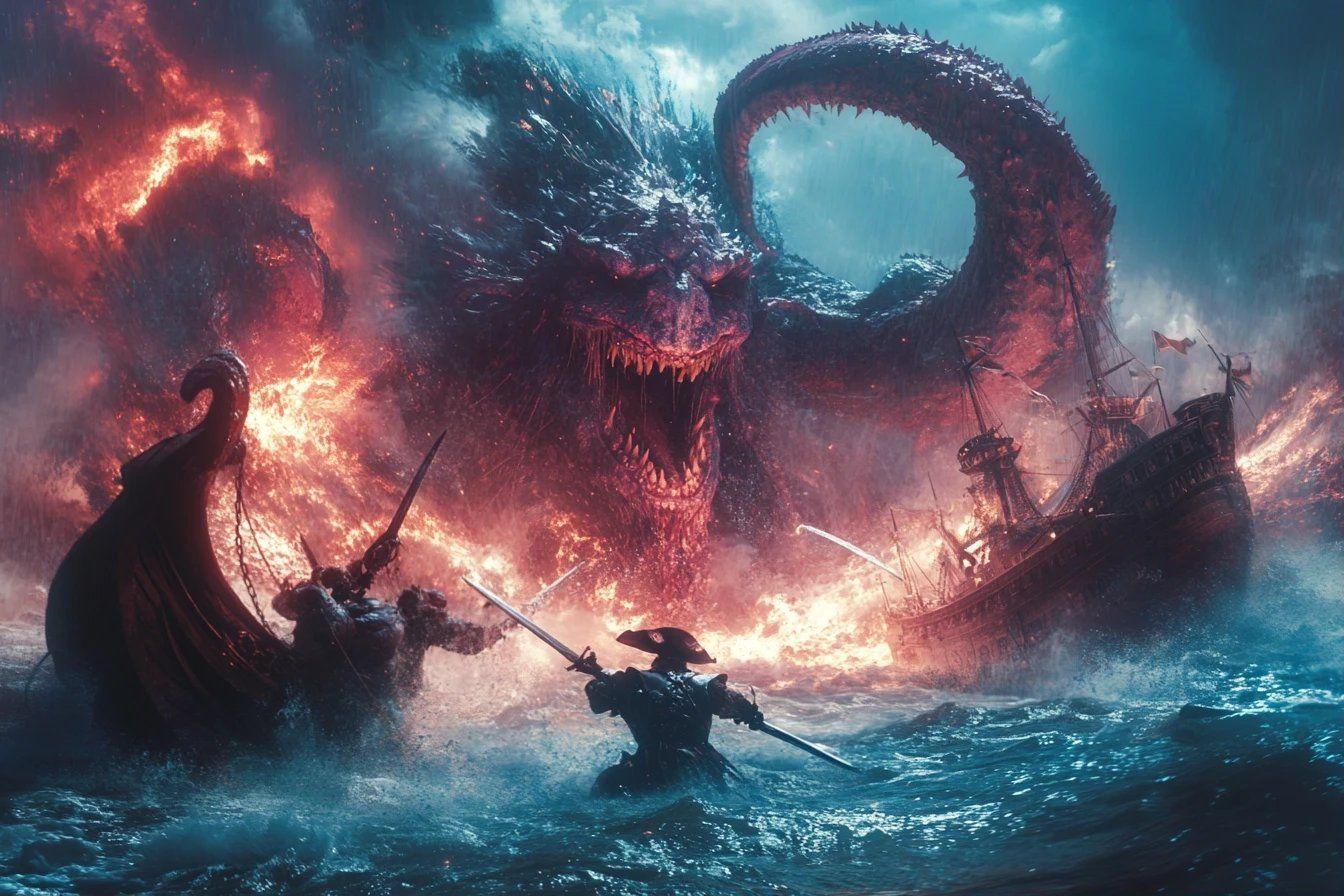 Navires en feu, guerrier solitaire affrontant dragon géant
