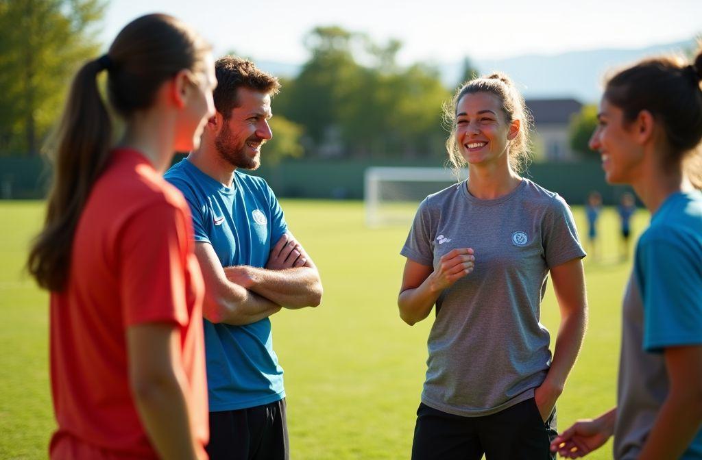 Joueurs et coach souriants sur un terrain de football
