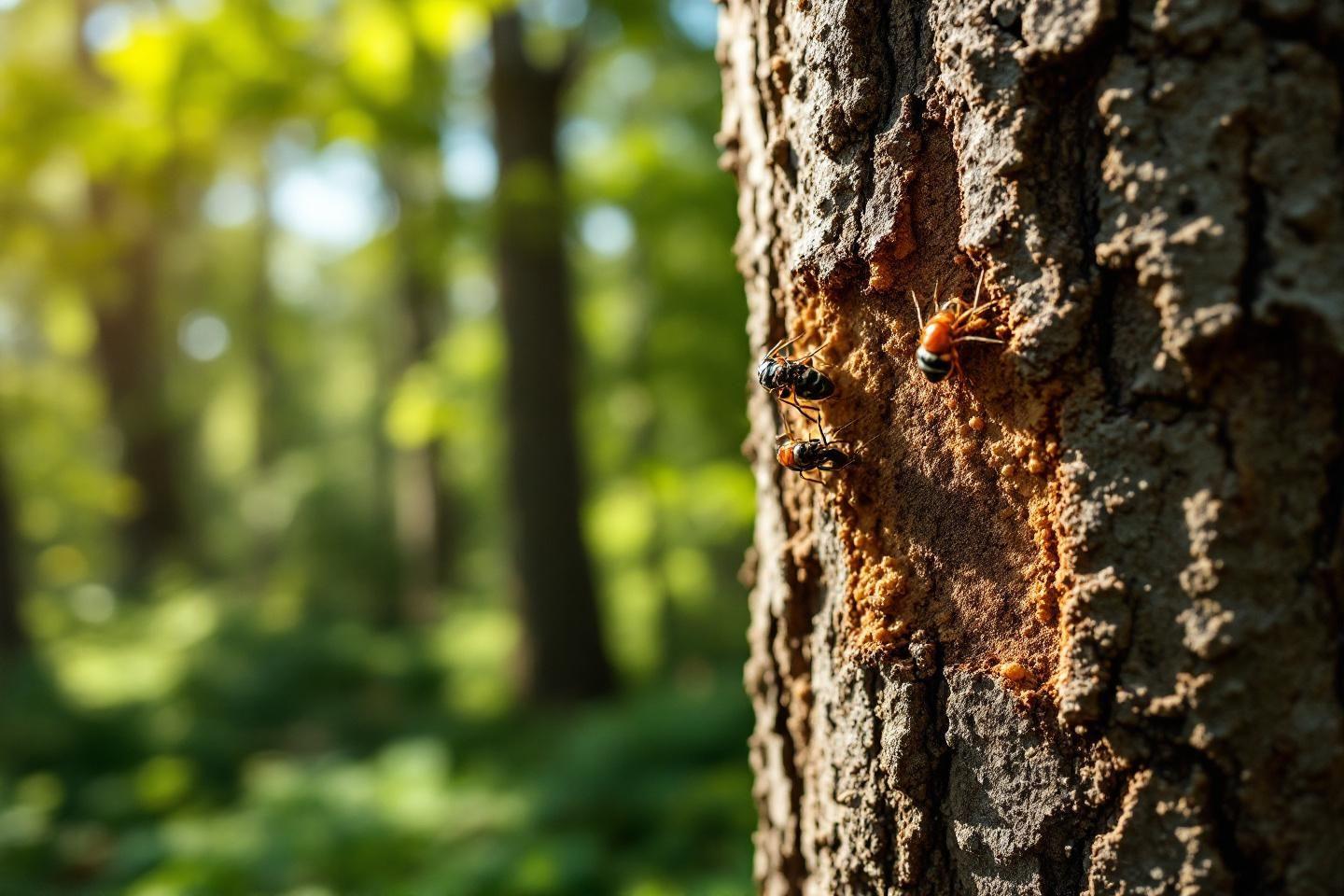 Fourmis rouges et noires marchant sur l'écorce d'un arbre