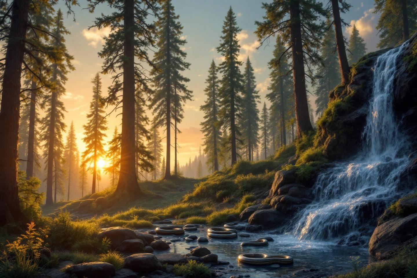 Cascade et rochers dans une forêt lumineuse au crépuscule
