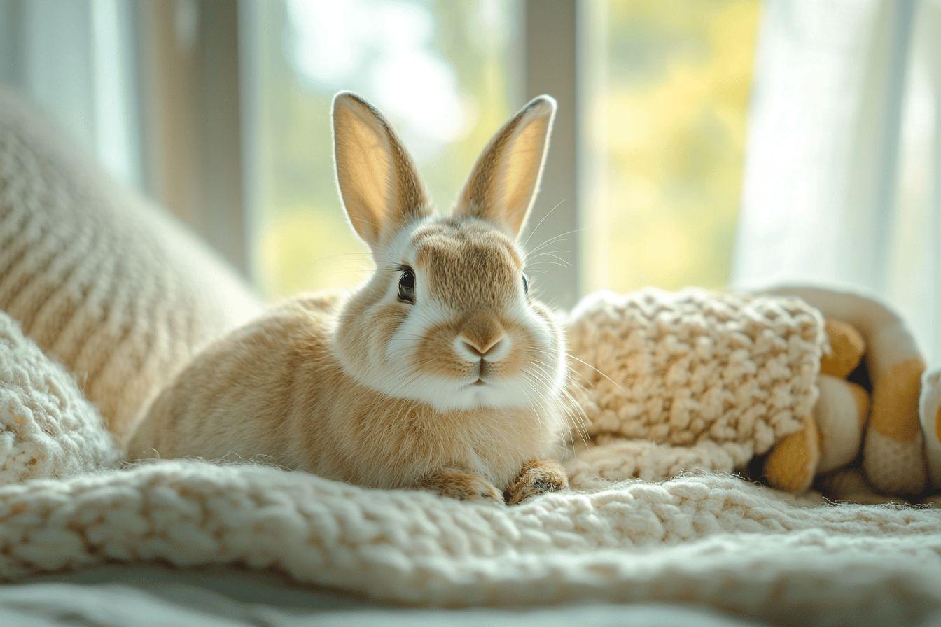 Lapin beige et blanc confortablement install&eacute; sur une couverture