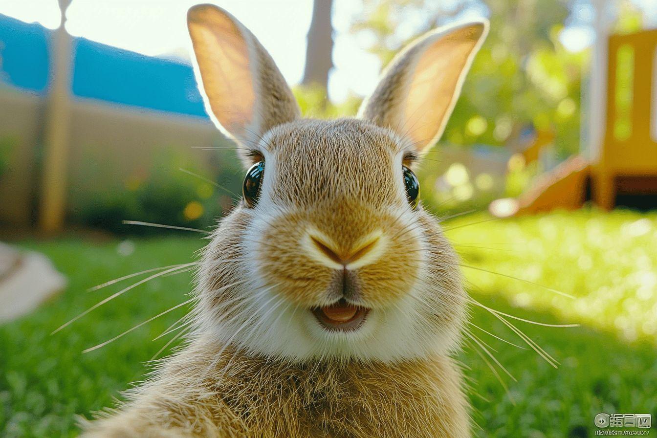 Lapin &agrave; fourrure beige regardant directement l'objectif dans un jardin