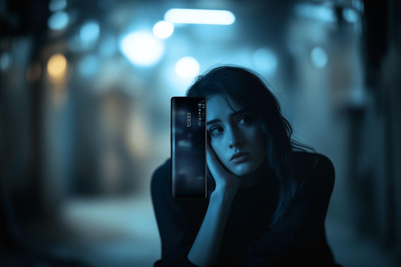 Femme pensive tenant un smartphone dans un environnement bleut&eacute;