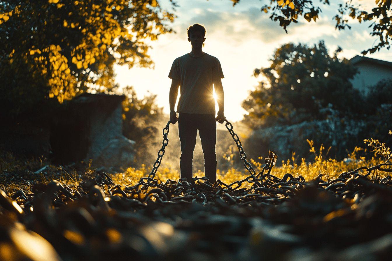 Silhouette debout, cha&icirc;nes bris&eacute;es, lumi&egrave;re d'espoir