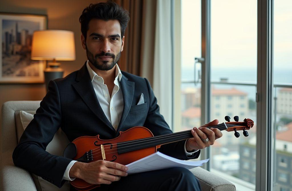 Homme en costume tenant un violon pr&egrave;s d'une fen&ecirc;tre panoramique