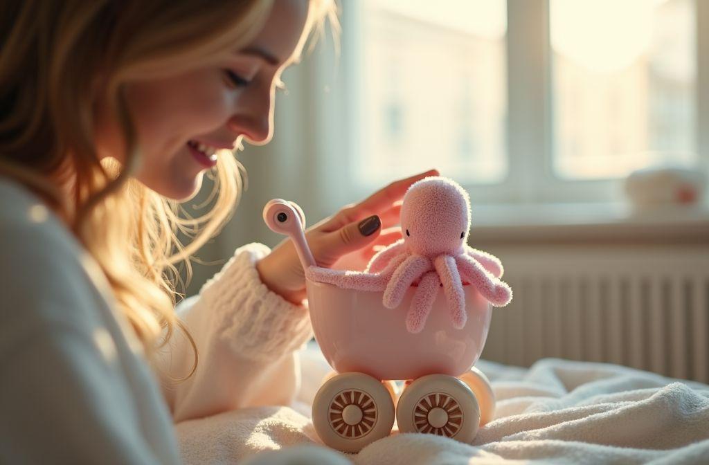 Peluche de poulpe rose dans un bol sur des roues