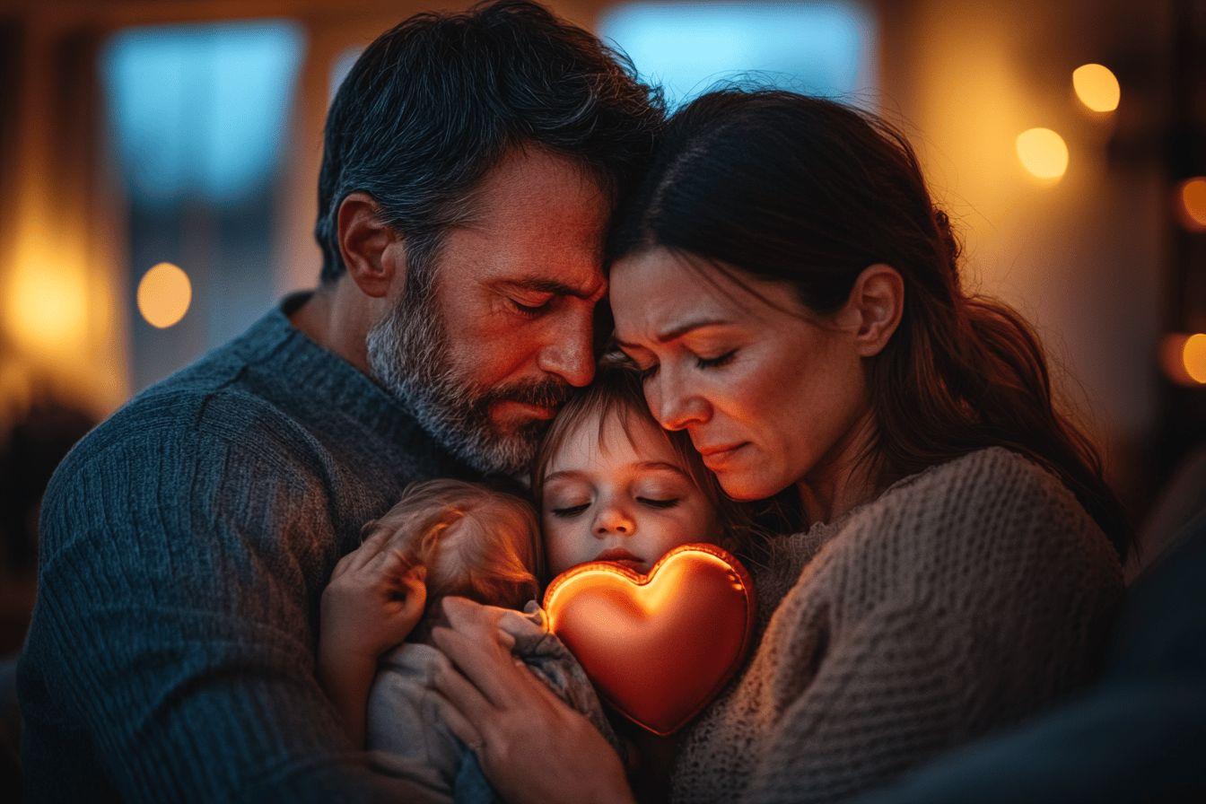 Parents avec deux enfants, étreinte câline et cœur lumineux