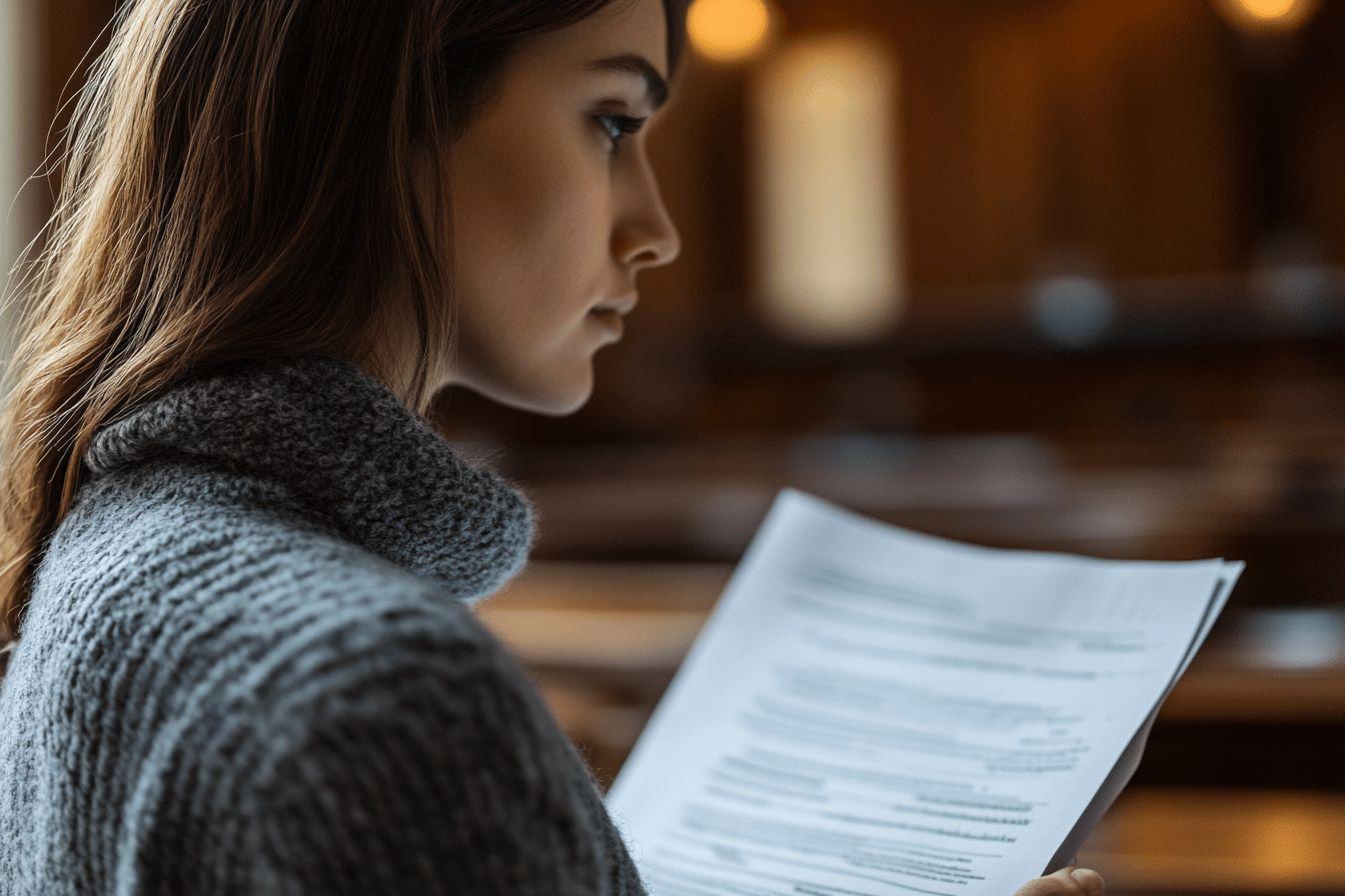 Jeune femme concentr&eacute;e lisant un document dans un lieu chaleureux