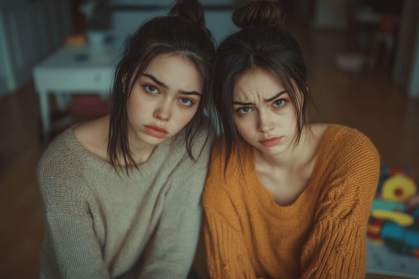 Deux jeunes femmes en pulls, regards tristes et fatigu&eacute;s