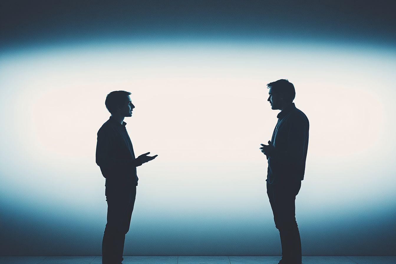 Deux silhouettes dialoguant dans un espace bleut&eacute; et lumineux