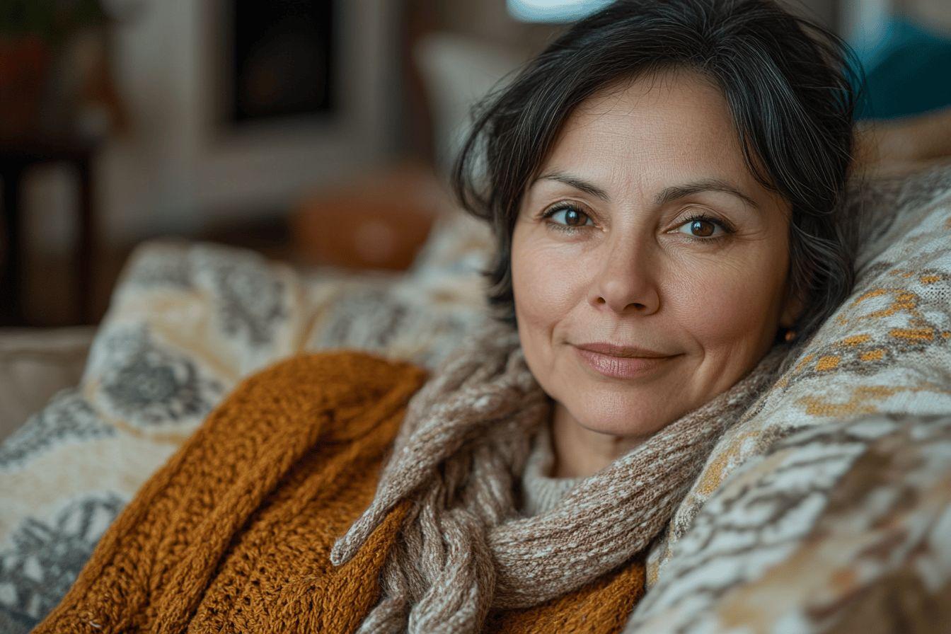 Femme &agrave; la peau brune portant un ch&acirc;le en laine orange