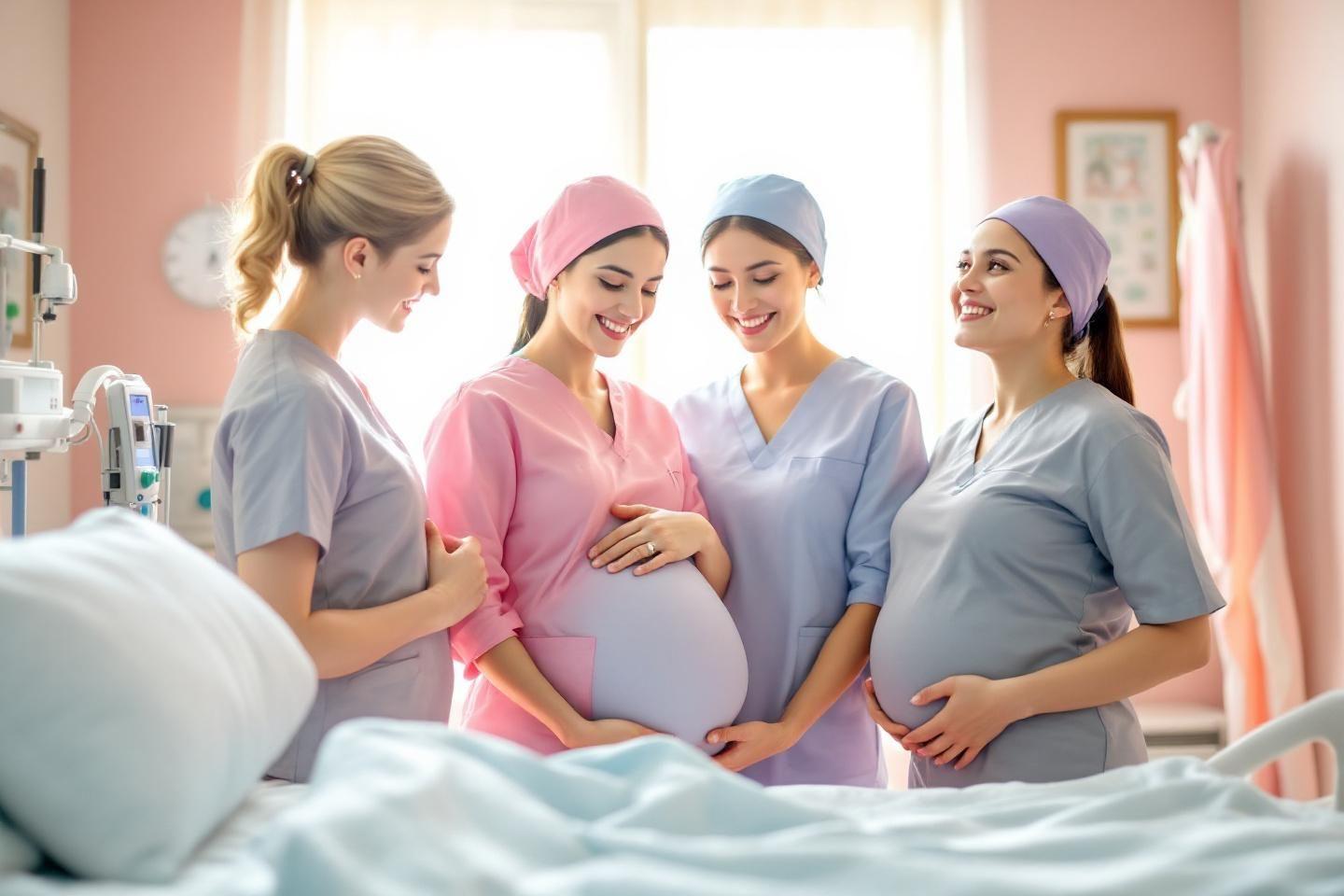 Quatre soignantes enceintes souriantes dans un service maternité