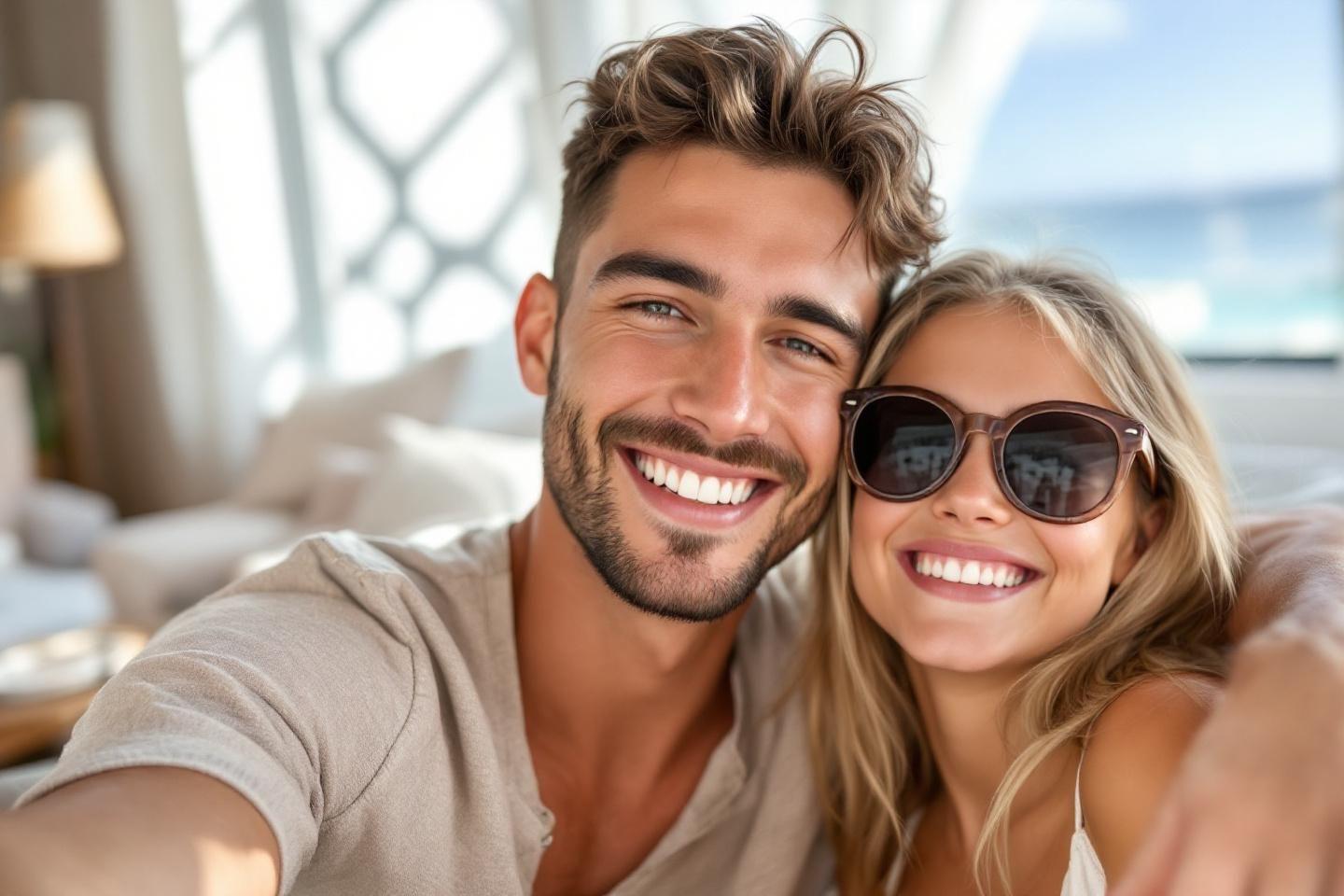Un jeune couple souriant et amoureux prend un selfie ensemble