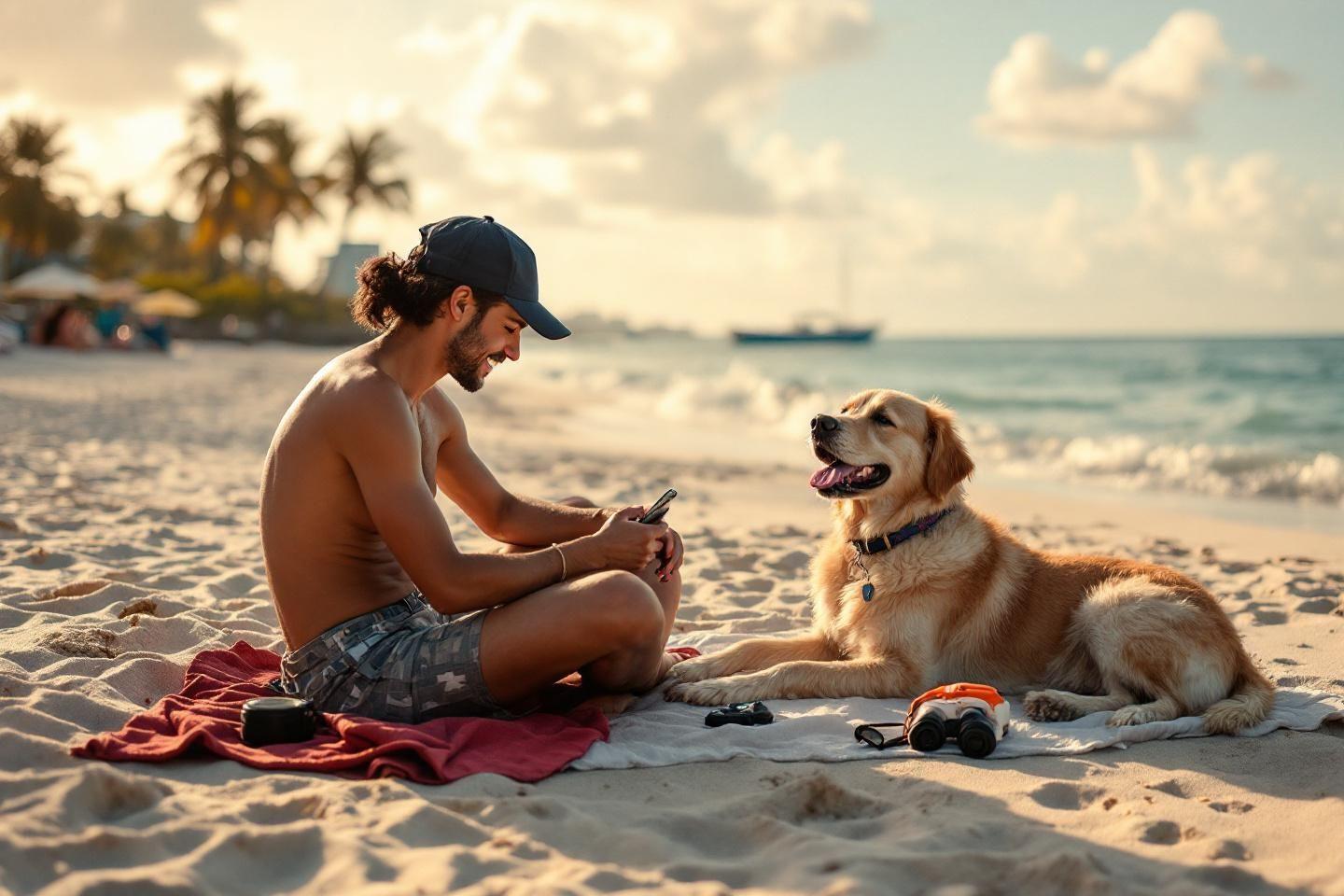 Homme et golden retriever se relaxant sur sable au coucher du soleil