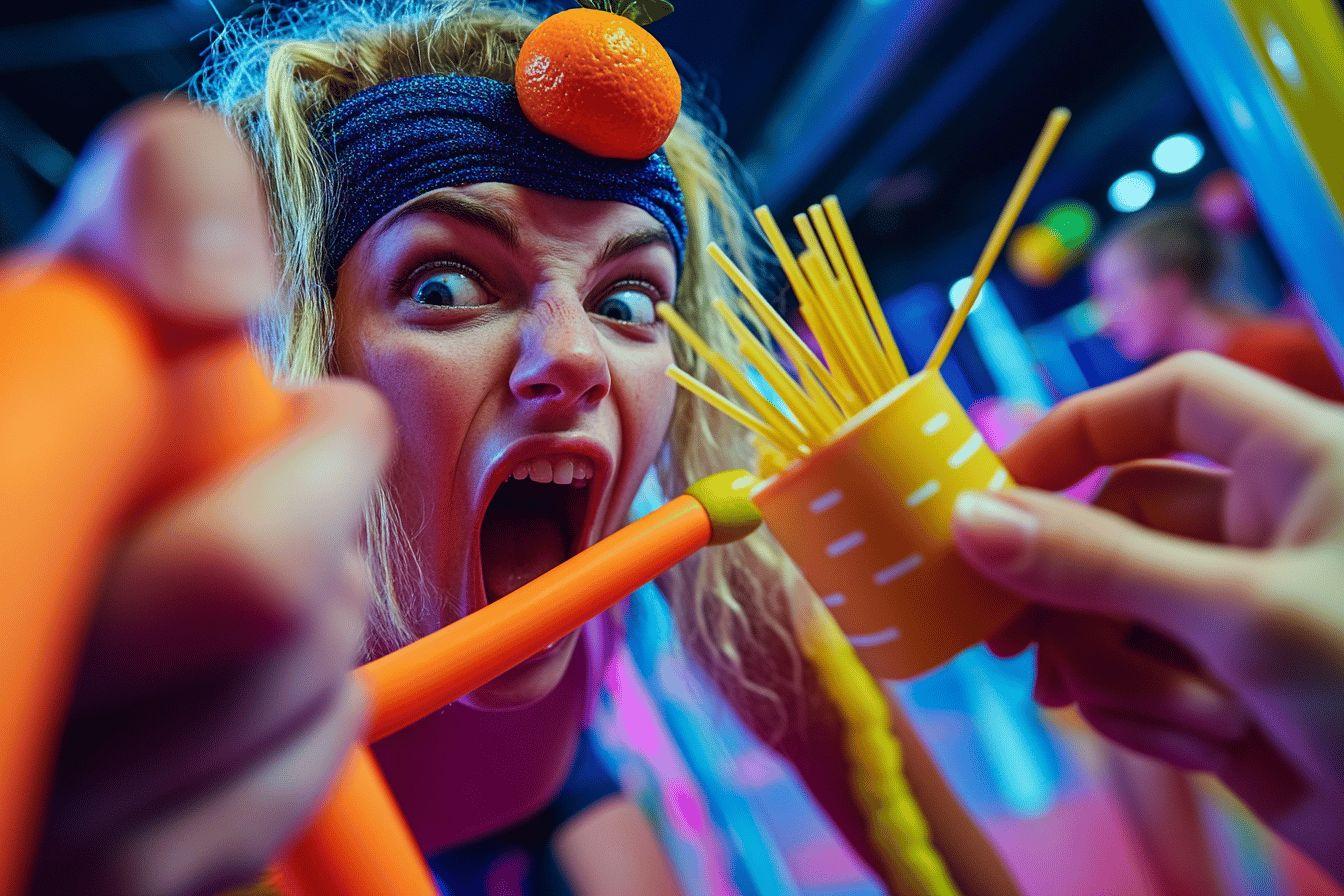 Femme expressive avec orange et spaghettis dans un d&eacute;cor lumineux