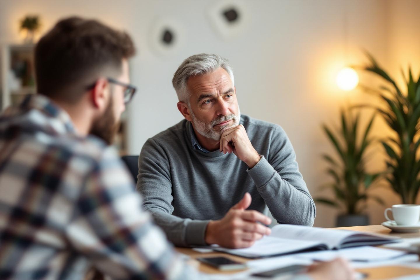 Deux hommes autour d'une table discutant avec concentration