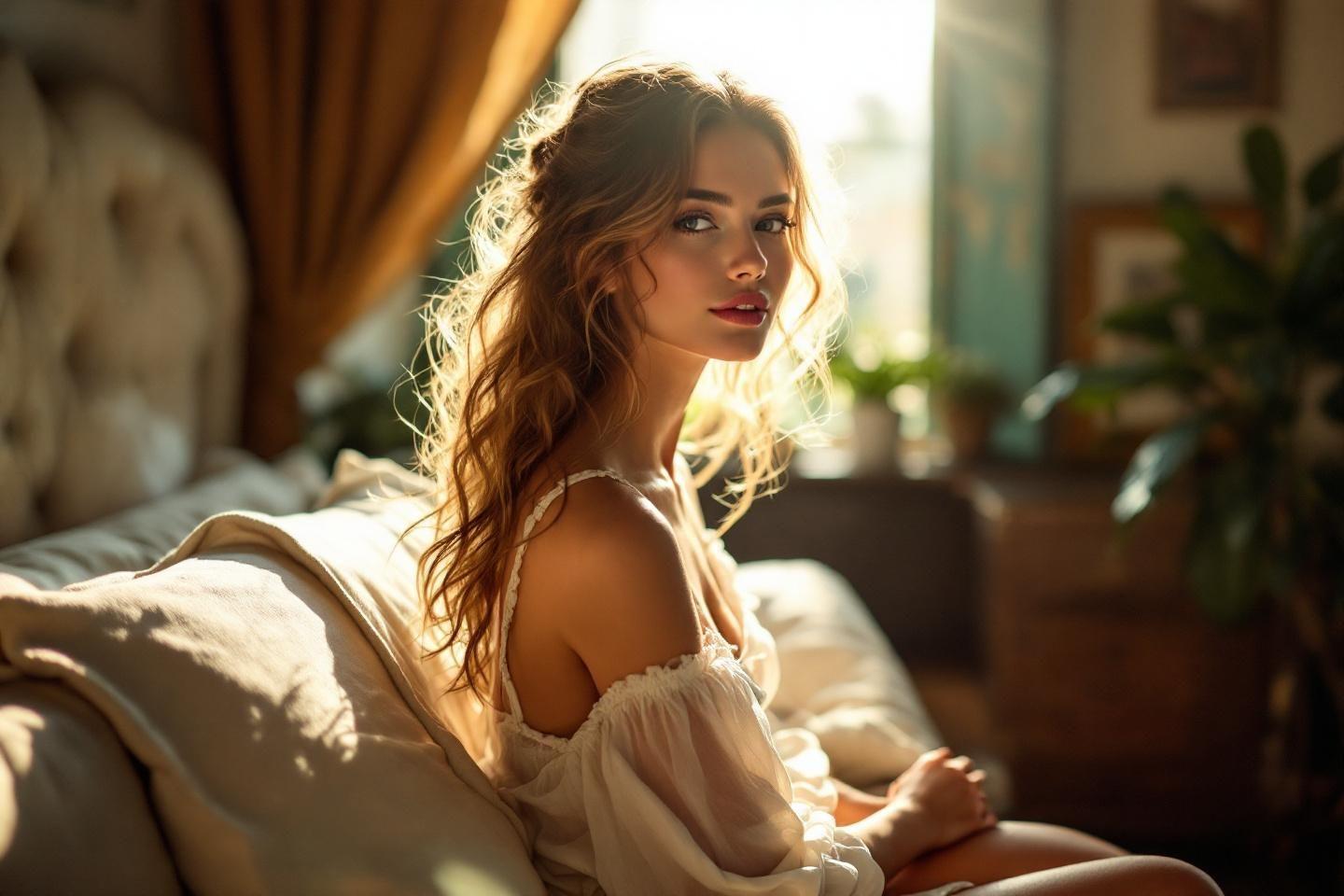 Femme aux cheveux bouclés dans robe blanche assise près fenêtre