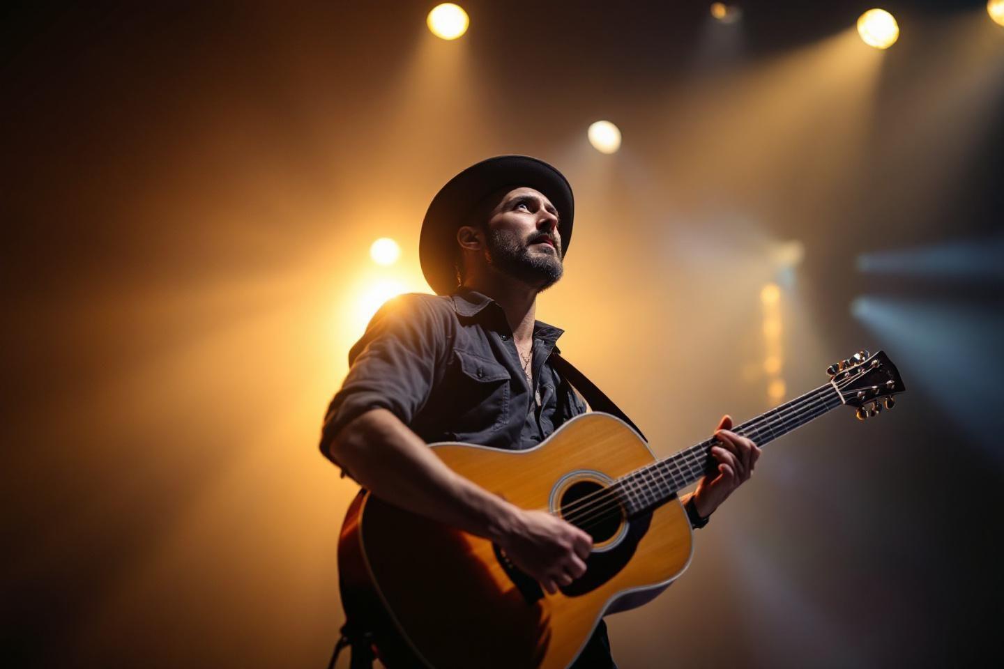 Guitariste au chapeau jouant sur sc&egrave;ne avec r&eacute;tro&eacute;clairage dor&eacute;