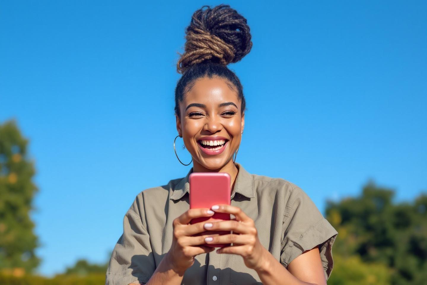 Femme souriante aux dreads, tenant un smartphone rose