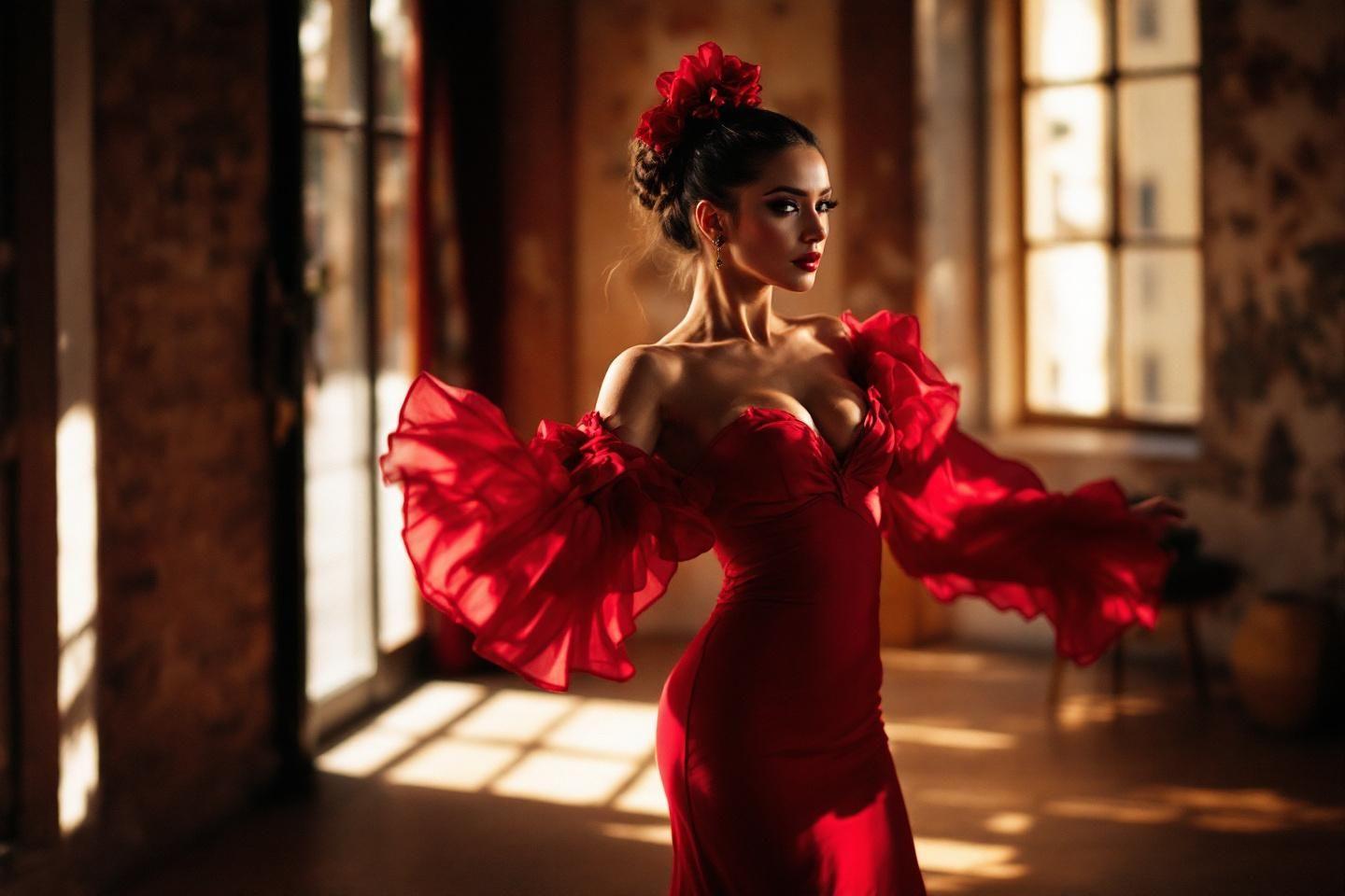 Femme élégante en robe rouge vif près d'une fenêtre