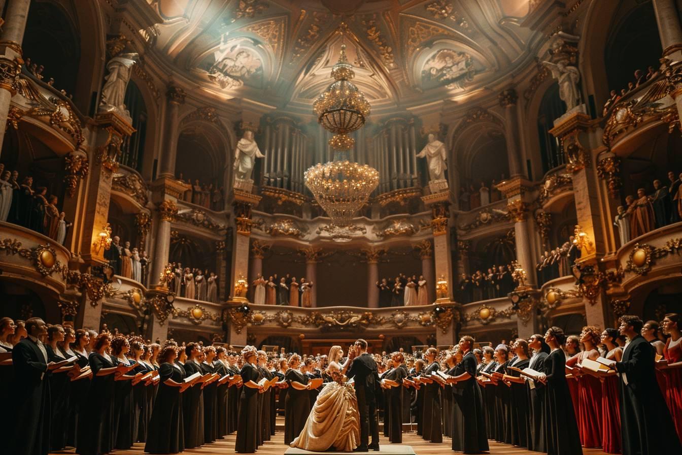 Salle de concert ornementée avec lustre imposant et chorale