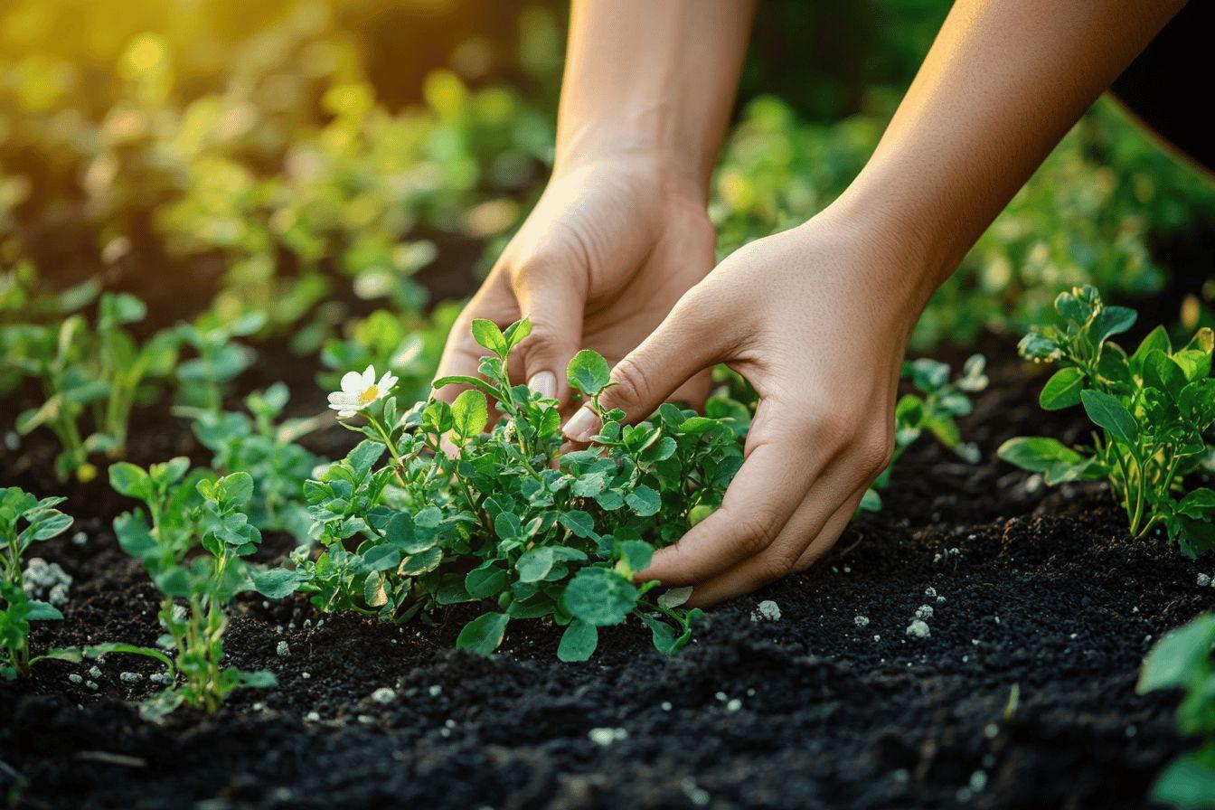 Mains soignant une plante avec une fleur blanche dans un jardin
