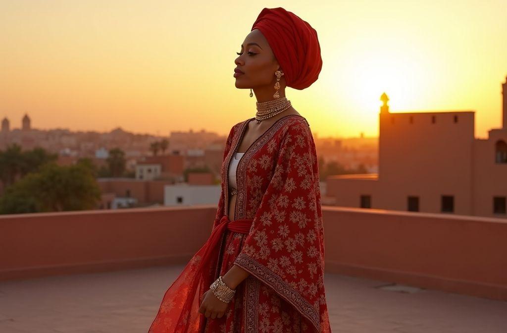 Femme en robe rouge traditionnelle sur terrasse au cr&eacute;puscule