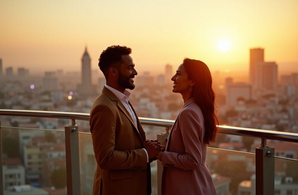 Deux personnes souriantes sur un balcon avec vue urbaine