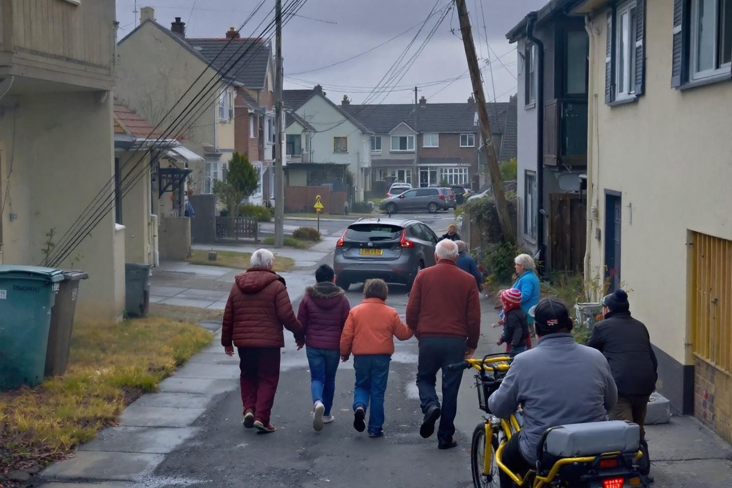 Groupe de seniors marchant dans une rue résidentielle