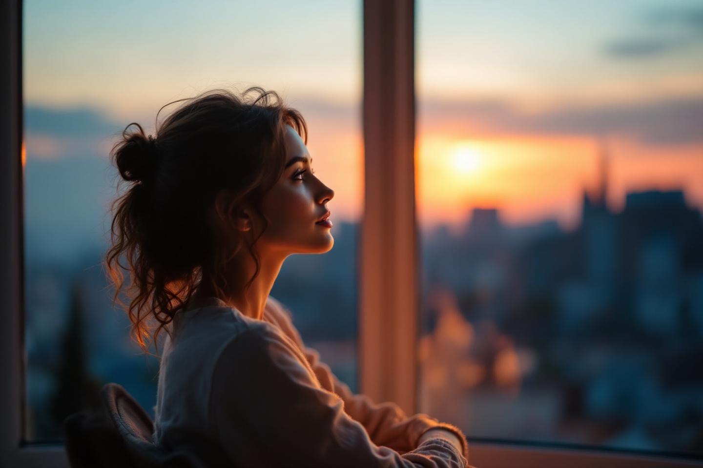 Femme m&eacute;ditant pr&egrave;s de la fen&ecirc;tre, skyline au coucher du soleil
