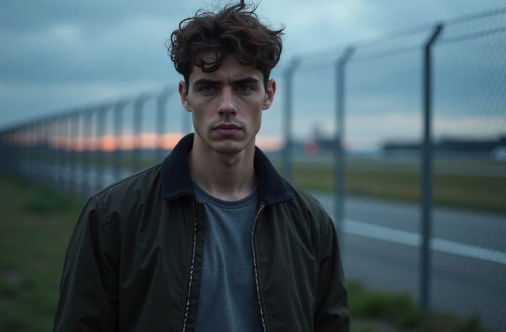 Portrait d'un homme aux cheveux bouclés devant une clôture industrielle