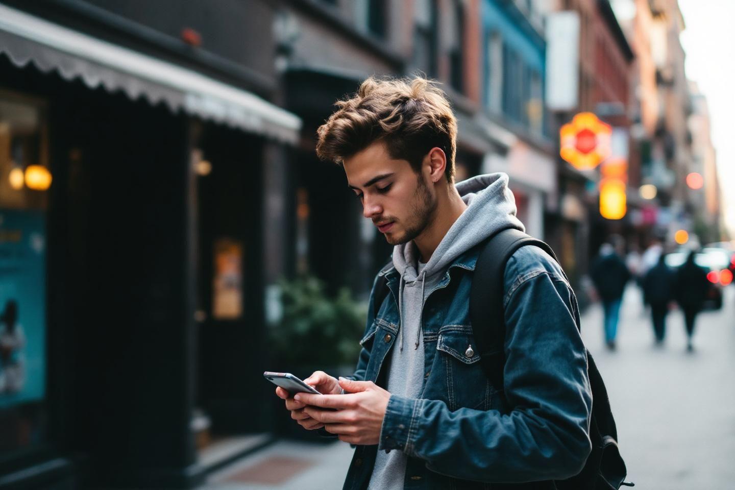 Homme &agrave; capuche v&eacute;rifiant son smartphone dans la rue
