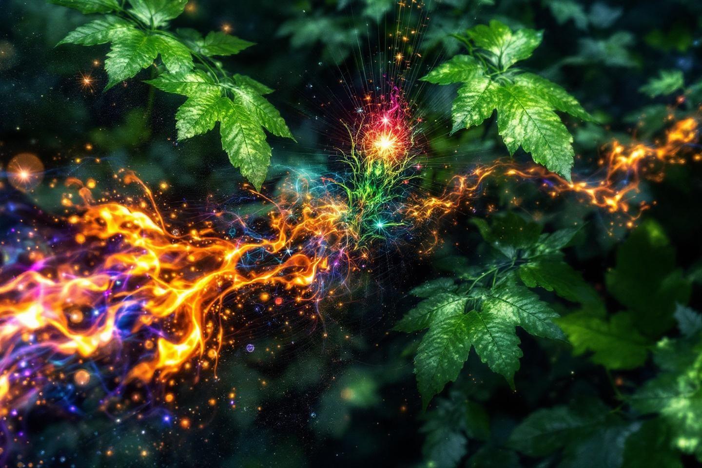 Explosion colorée de particules lumineuses entre des feuilles vertes