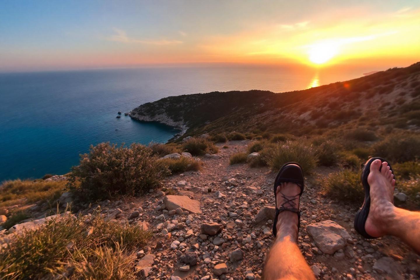 Vue sur mer depuis un sentier rocheux au crépuscule