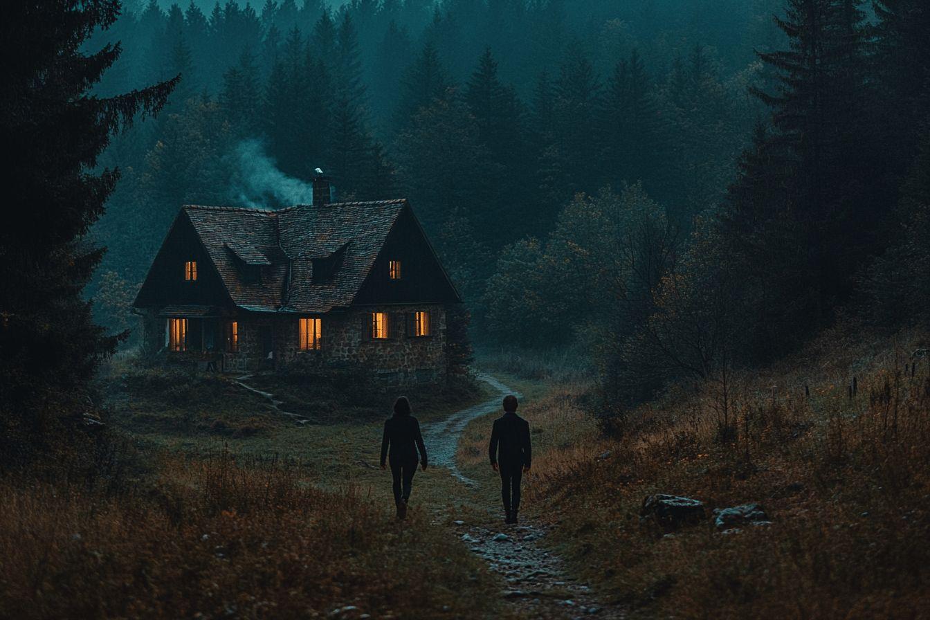 Deux silhouettes marchant vers une maison &eacute;clair&eacute;e dans les bois