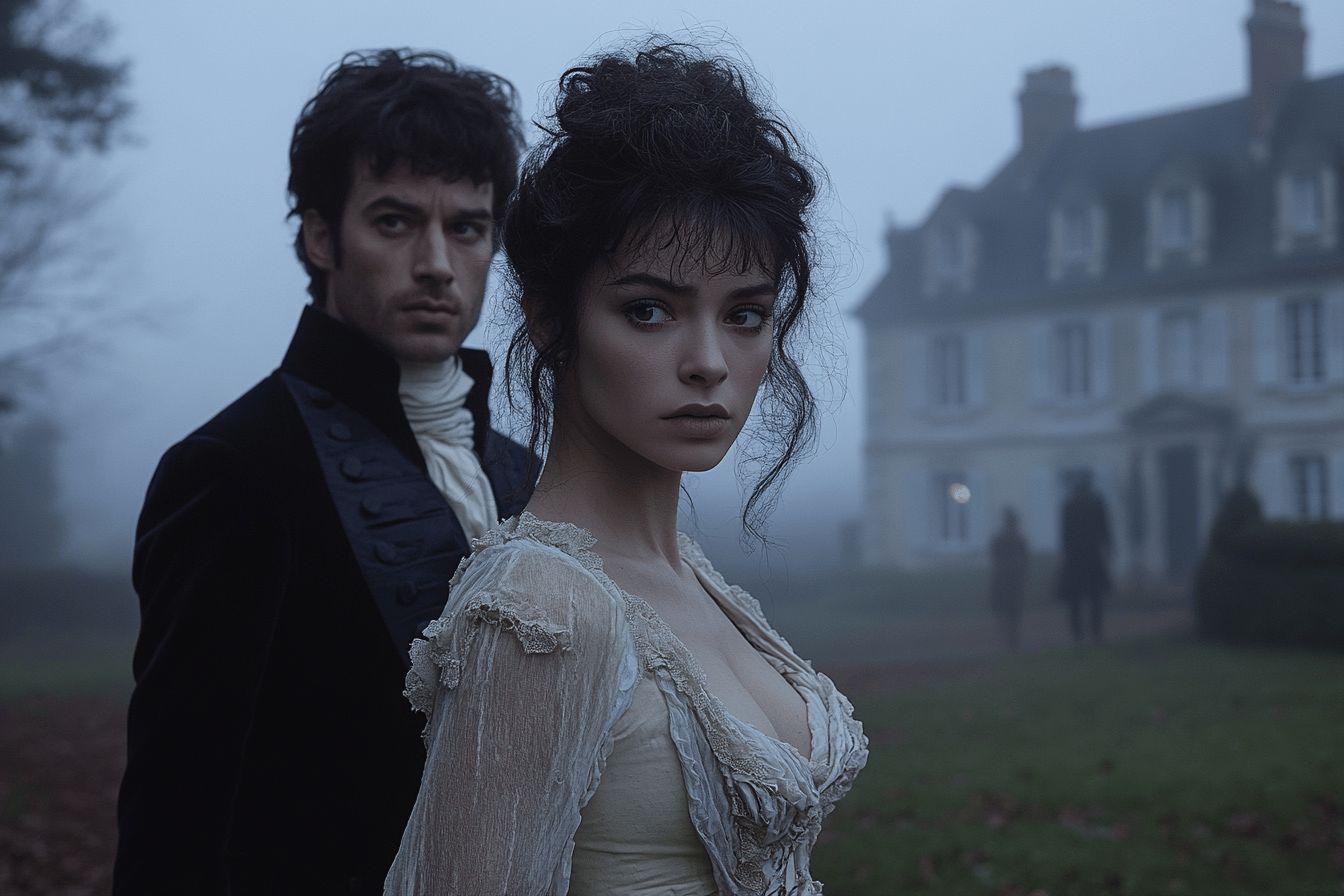 Femme et homme en tenue d'&eacute;poque dans paysage brumeux