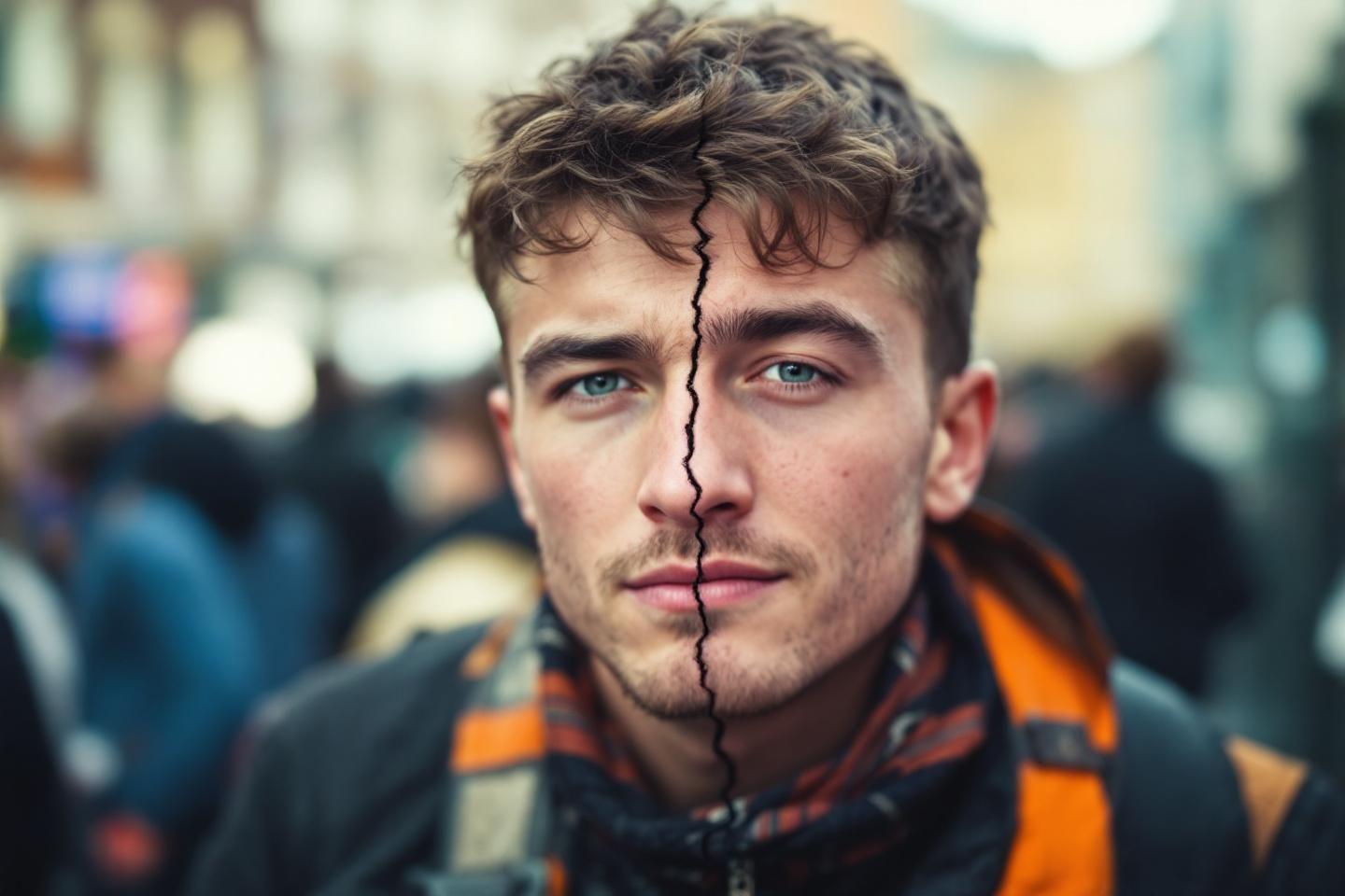 Portrait d'un jeune homme au visage fendu symbolisant la dualit&eacute;